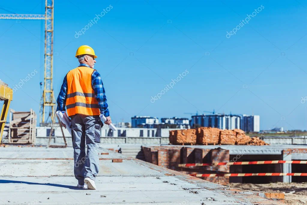 Bauleiter betrachtet Baupläne auf der Baustelle