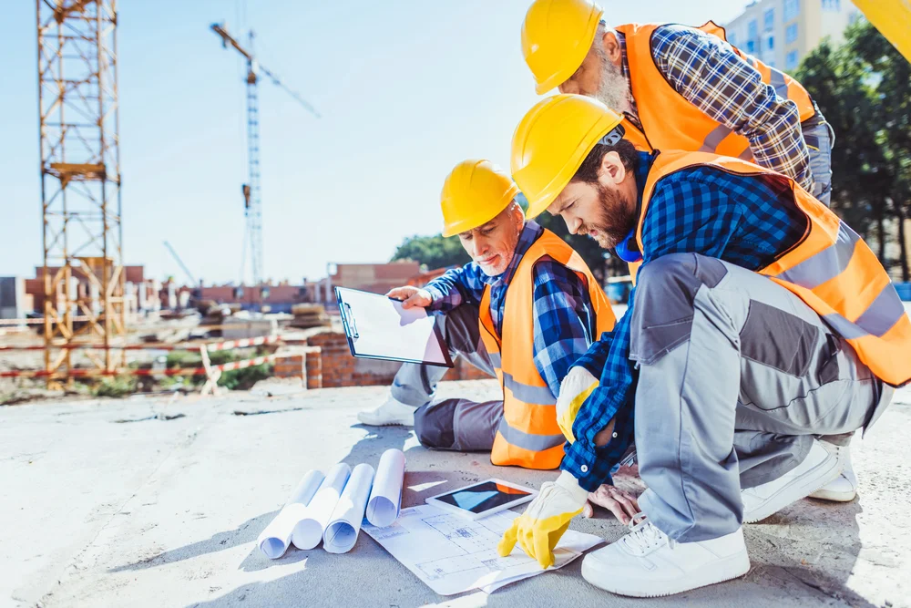 Bauarbeiter auf einer Baustelle mit Kran im Hintergrund