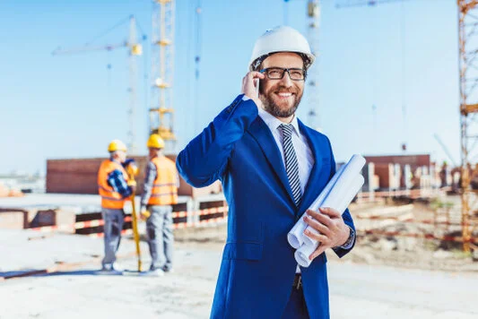 Bauleiter mit Plänen auf der Baustelle
